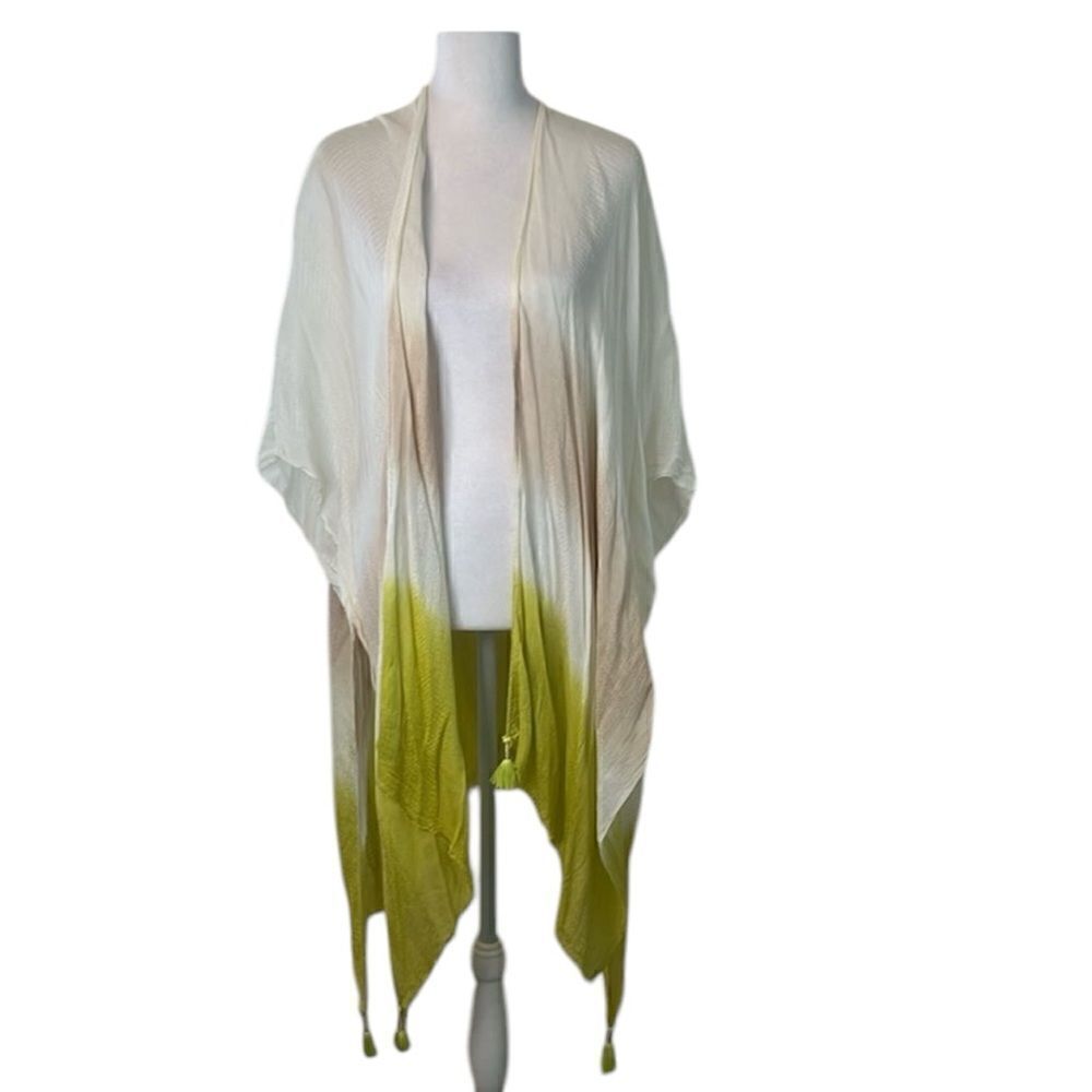 Vince Camuto OSFM swim coverup kimono cream tan & green tassels GUC 1 small spot
